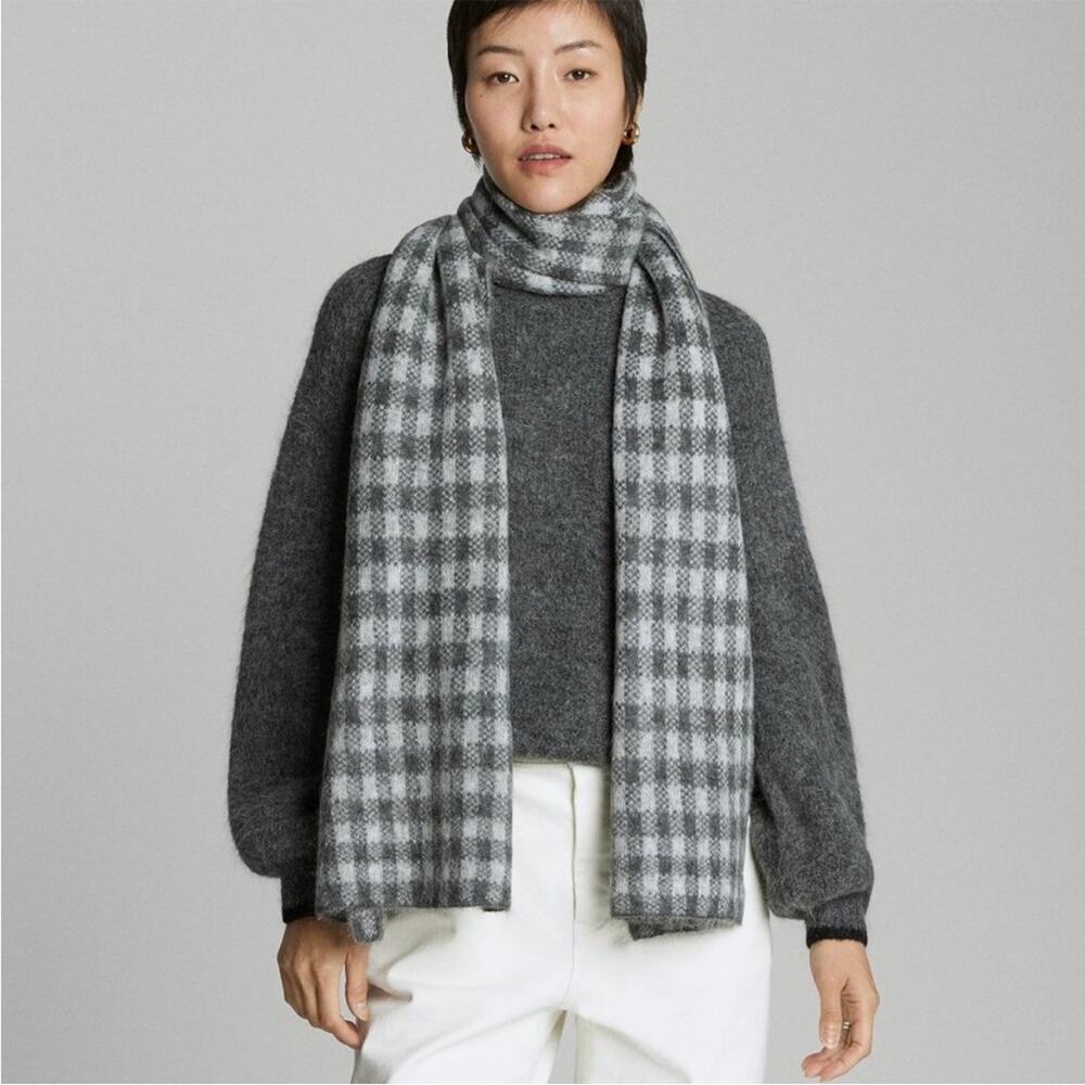 NWT Everlane Unisex The Alpaca Patterned Scarf Gray Buffalo Check Merino Wool